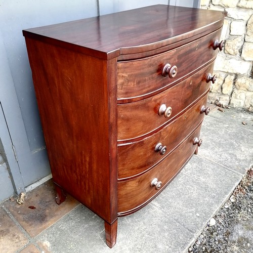 470 - Antique mahogany bow front chest of 4 long graduated drawers with ebony string inlay columns, termin... 