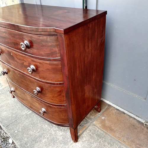 470 - Antique mahogany bow front chest of 4 long graduated drawers with ebony string inlay columns, termin... 