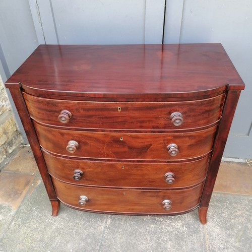 470 - Antique mahogany bow front chest of 4 long graduated drawers with ebony string inlay columns, termin... 