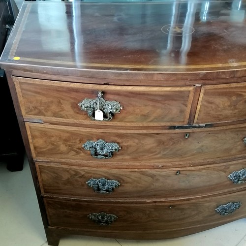 475 - Antique mahogany and satinwood inlaid bow front chest of 2 short and 3 long graduated drawers, 104 c... 