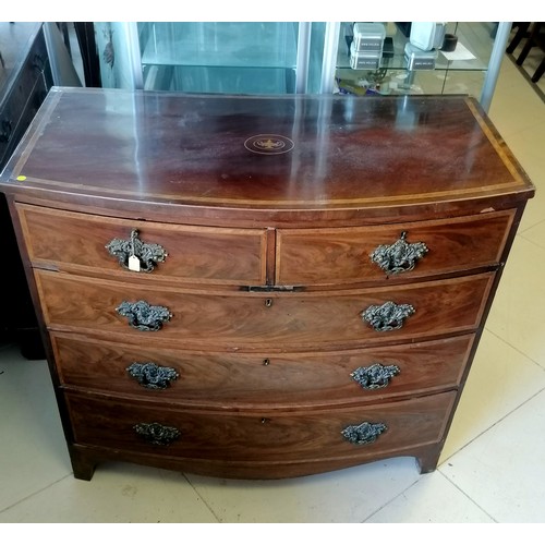 475 - Antique mahogany and satinwood inlaid bow front chest of 2 short and 3 long graduated drawers, 104 c... 