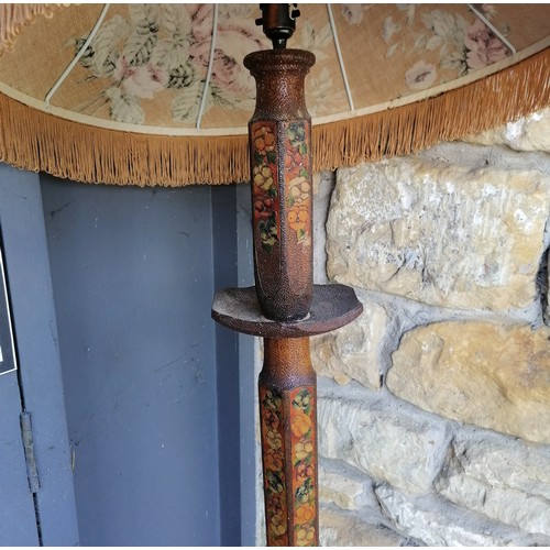 476 - Antique vintage standard lamp decorated with pokerwork, with signs of woodworm and replacement feet ... 