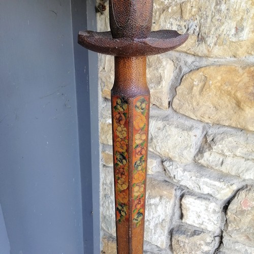 476 - Antique vintage standard lamp decorated with pokerwork, with signs of woodworm and replacement feet ... 