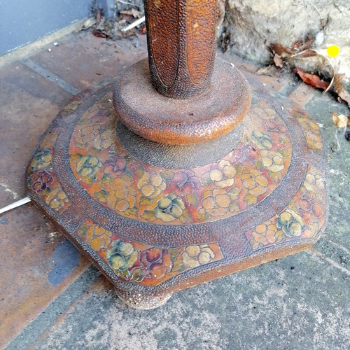 476 - Antique vintage standard lamp decorated with pokerwork, with signs of woodworm and replacement feet ... 