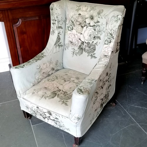 480 - Antique scroll arm easy chair, on square tapered legs, with green floral loose cover, 73 cm wide, 72... 