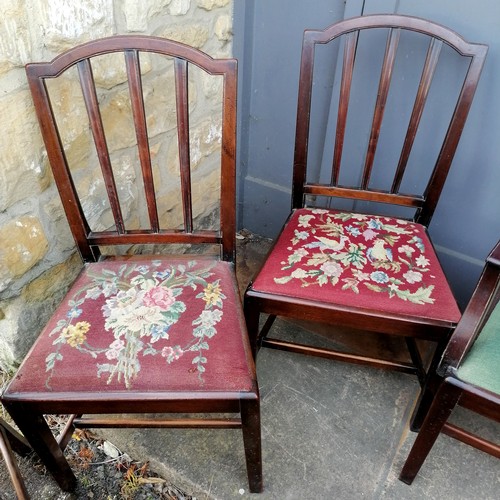 482 - Antique set of 7 slatted back dining chairs, with tapestry covered drop in seats, 2 carvers and 5 di... 