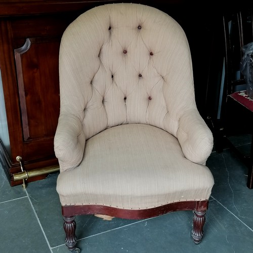 484 - Antique button back mahogany framed easy chair, in need of re-upholstery, 64 cm wide, 73 cm deep, 98... 