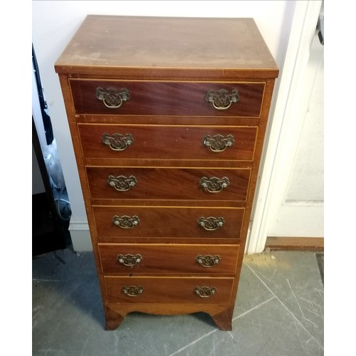 488 - Georgian style chest of 6 short drawers, with string inlay decoration, on splayed bracket feet. 46 c... 