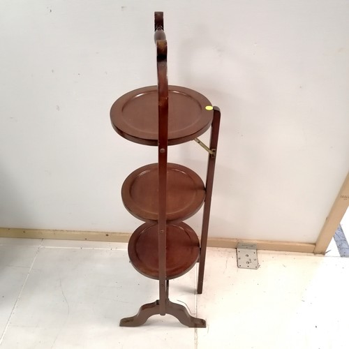 491 - Edwardian mahogany 3 tier cake stand, 92 cm high, 27 cm wide.