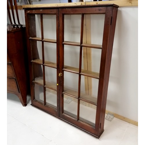 492 - Antique pitch pine 2 door wall mounted display cabinet, with original Scumbled finish,  106 cm wide,... 