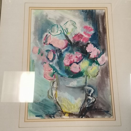 494 - Framed pastel picture of a vase of pink flowers by John Austin-Williams ~ frame 60cm x 48.5cm