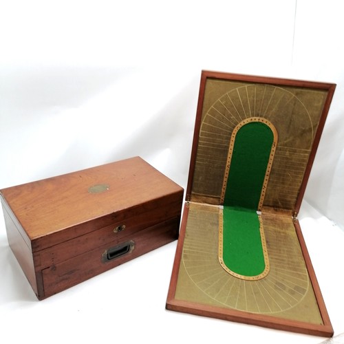 517 - Antique mahogany games compendium box (44cm x 25cm x 19cm) containing dominoes, markers, counters et... 