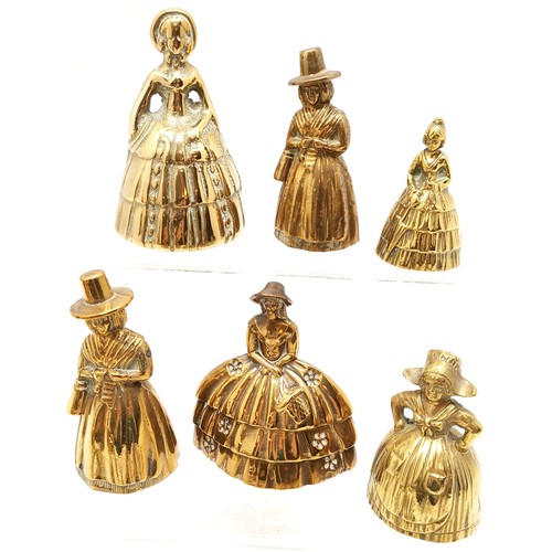 519 - 18 x brass lady table bells - tallest 12cm and 3 small bells lack clappers