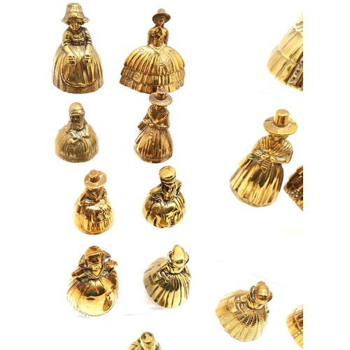 519 - 18 x brass lady table bells - tallest 12cm and 3 small bells lack clappers