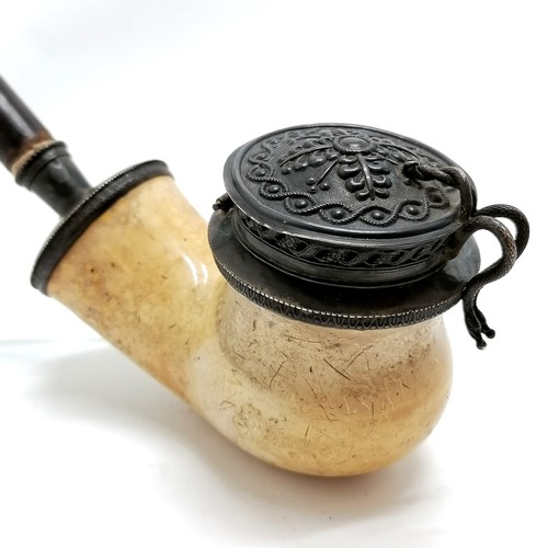 540 - Antique large meerschaum pipe with white metal mounts and horn mouthpiece - 55cm long - bowl slight ... 