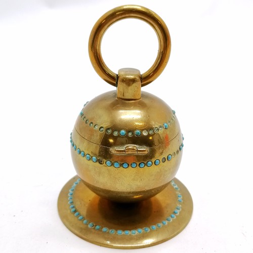 542 - Antique brass inkwell with hinged lid & blue bead detail - 8cm diameter base and has losses to beads