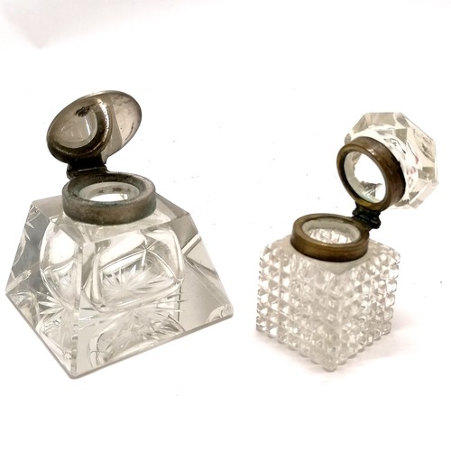 543 - 2 x antique glass inkwells with hinged lids - largest 5.5cm high & 7.4cm square base ~ no obvious da... 