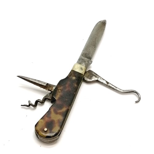 552 - Antique penknife with buttonhook, spike & (wonky) corkscrew - 9.2cm long opened out