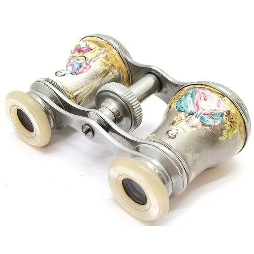 557 - Antique unusual aluminium opera glasses with enamel figural decoration with mother of pearl eyepiece... 