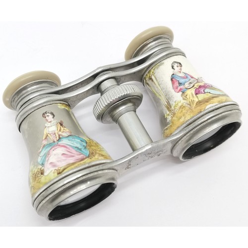 557 - Antique unusual aluminium opera glasses with enamel figural decoration with mother of pearl eyepiece... 