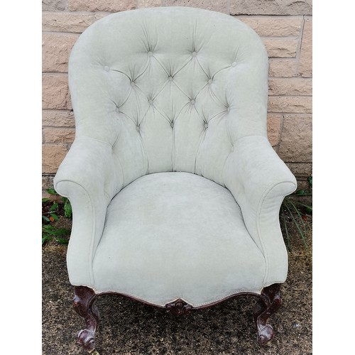 561 - Victorian button back Nursing chair, upholstered in a green plush material, 68 cm wide, 84 cm deep, ... 