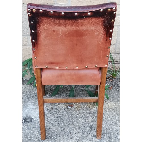 584 - Vintage leather covered oak framed, chair with studded detail, 48 cm wide, 43 cm deep, Nicely worn l... 