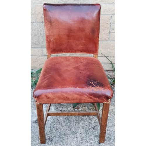 584 - Vintage leather covered oak framed, chair with studded detail, 48 cm wide, 43 cm deep, Nicely worn l... 