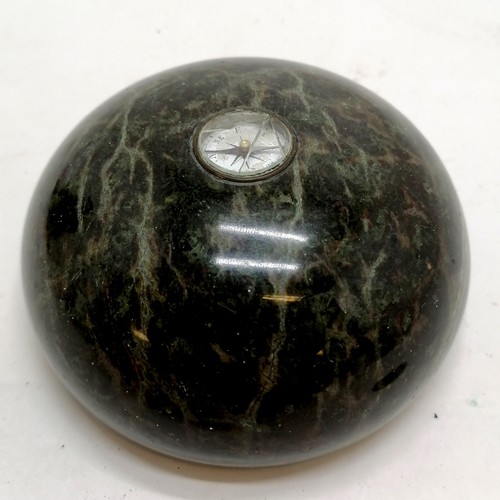 597 - Serpentine stone deskweight with compass detail - 9.5cm diameter & glass a/f