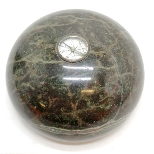 597 - Serpentine stone deskweight with compass detail - 9.5cm diameter & glass a/f