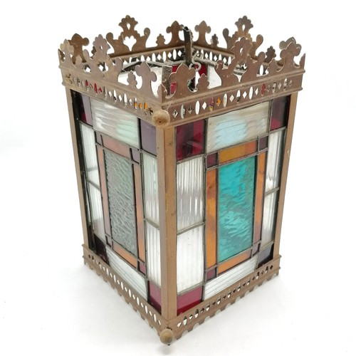 603 - Antique hall lantern with lead light glass panels - 35cm high x 21cm square ~ 1 panel a/f