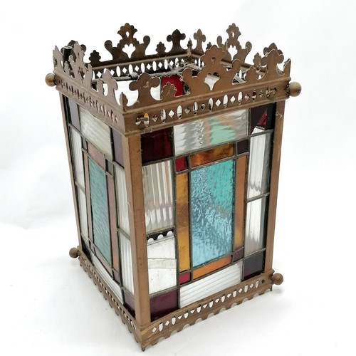 603 - Antique hall lantern with lead light glass panels - 35cm high x 21cm square ~ 1 panel a/f