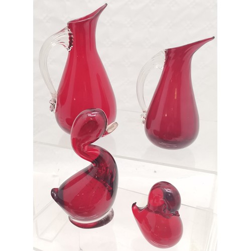 607 - Collection of ruby glassware to include Whitefriars duck and chick figures, large brandy glass, 36 c... 