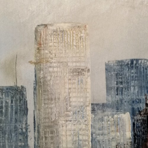 625 - Framed oil painting on canvas of a New York skyline by W Bonsall - frame 70cm x 60cm- Has a tear to ... 