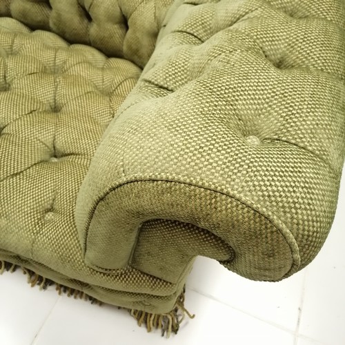 221 - Antique Chesterfield green button fabric 3 seater settee - 208cm wide, 67cm high, 86cm deep.