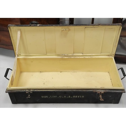 426A - WWII black military trunk Sqd Ldr C A A Davis with brass clasps - 105cm x 42cm x 26cm high ~ in used... 