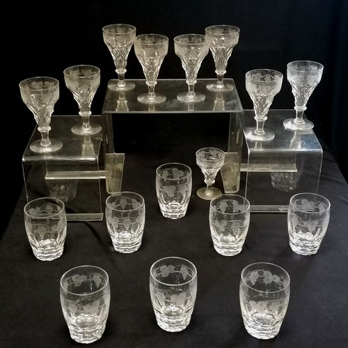 264 - 69 x glasses / part suite of facet cut red wine, white wine & liqueur with grape vine detail - large... 