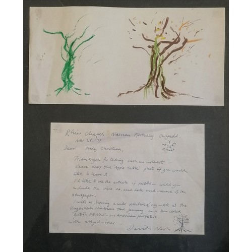 8 - David John Nash OBE RA (b.1945) framed 1979 letter with drawing of 2 trees - frame 48.5cm x 44.5cm x... 