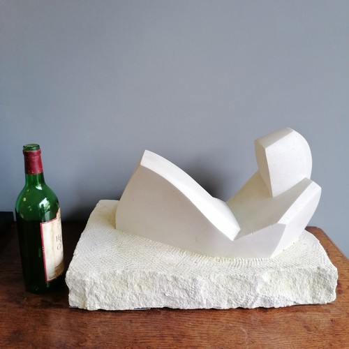 29 - Chris Webb signed abstract Portland stone cubist sculpture of a reclining figure  - @ 50cm x 28cm x ... 