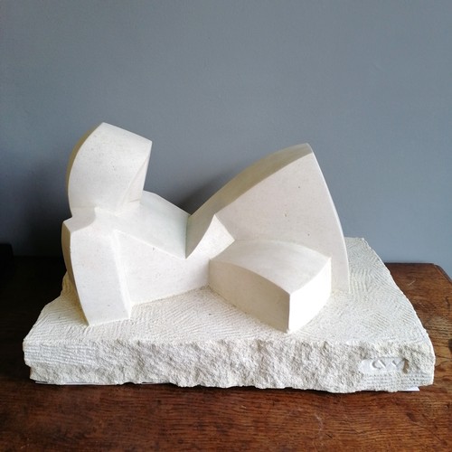 29 - Chris Webb signed abstract Portland stone cubist sculpture of a reclining figure  - @ 50cm x 28cm x ... 