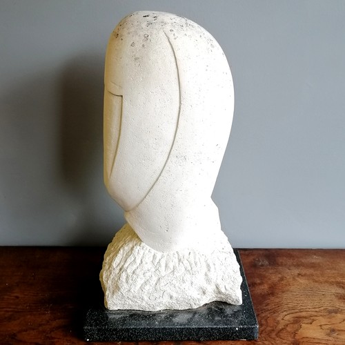 31 - Chris Webb signed cubist Portland stone figure of a female head  - @ 29cm x 25cm x 52cm high