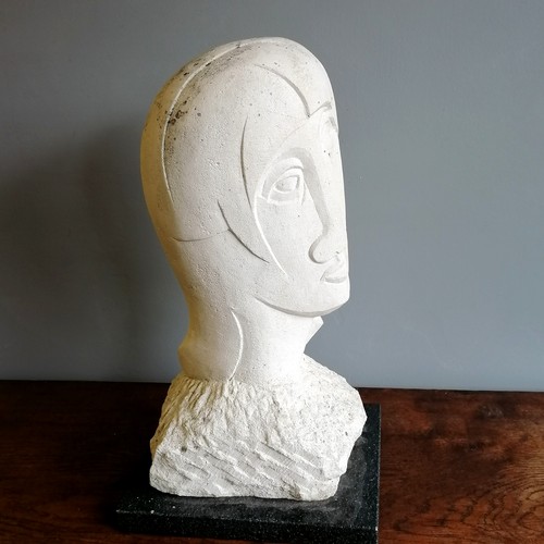 31 - Chris Webb signed cubist Portland stone figure of a female head  - @ 29cm x 25cm x 52cm high