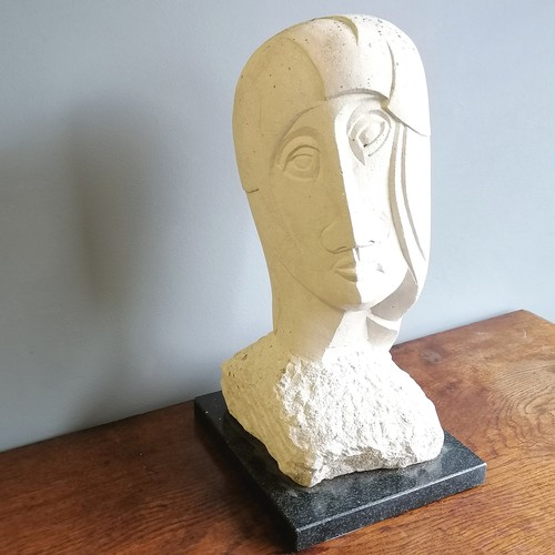 31 - Chris Webb signed cubist Portland stone figure of a female head  - @ 29cm x 25cm x 52cm high