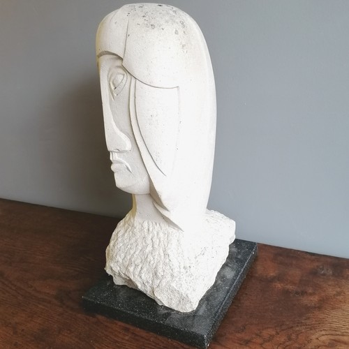 31 - Chris Webb signed cubist Portland stone figure of a female head  - @ 29cm x 25cm x 52cm high