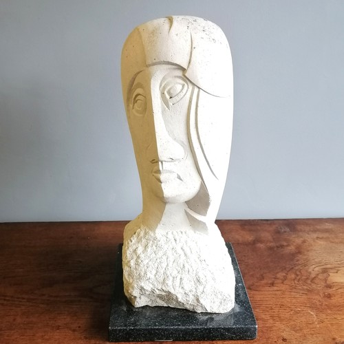 31 - Chris Webb signed cubist Portland stone figure of a female head  - @ 29cm x 25cm x 52cm high