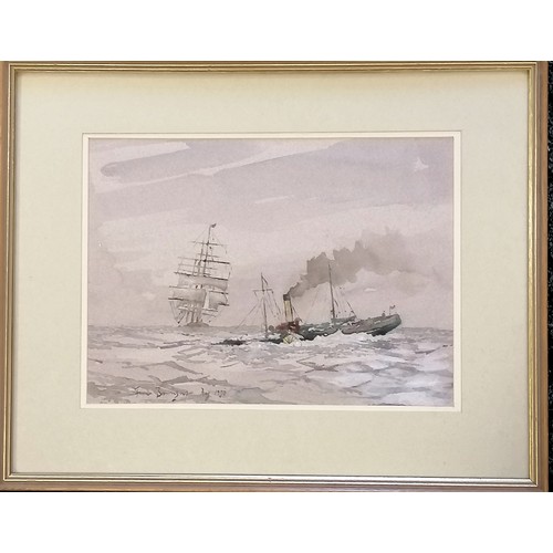 40 - Sir Frank William Brangwyn (1867–1956) watercolour painting of a paddle steamer with tall masted shi... 