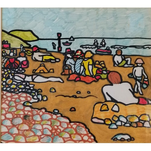 43 - Albert Duplock (no signature showing) original mixed media painting of a beach scene - frame 45.5cm ... 