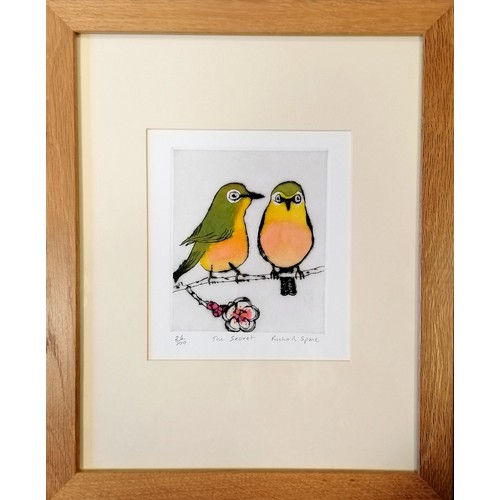 47 - Richard Spare (b.1951) framed etching / watercolour of Japanese white-eyes 'The Secret' (Ltd ed of 1... 