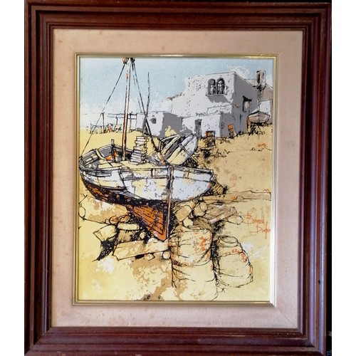 68 - Bernard Dufour (1922-2016) original oil painting of French beach scene with boats - frame 62.5cm x 5... 