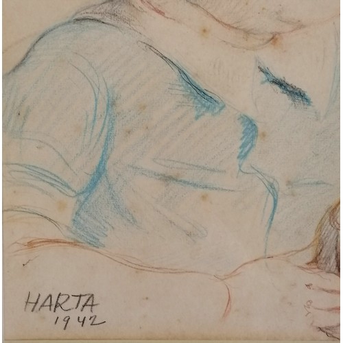 74 - Felix Albrecht Harta (1884-1968) crayon sketch of young boy with toy horse dated 1942 - frame 58cm x... 