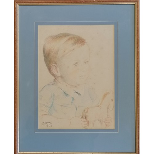 74 - Felix Albrecht Harta (1884-1968) crayon sketch of young boy with toy horse dated 1942 - frame 58cm x... 